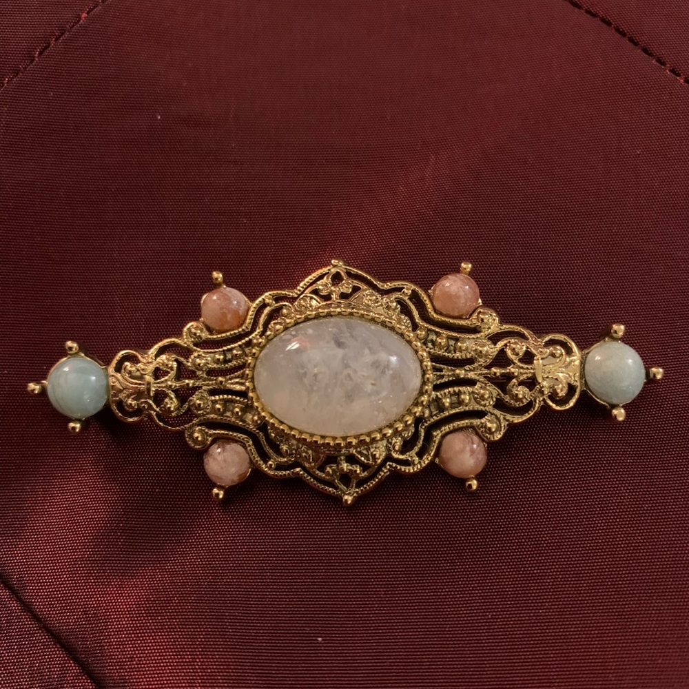 Vintage Gold-Toned Brooch with Sage, Rose, and Ivory Stones